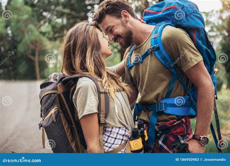 Couple Hiking On The Path In Mountains Stock Image Image Of Couple