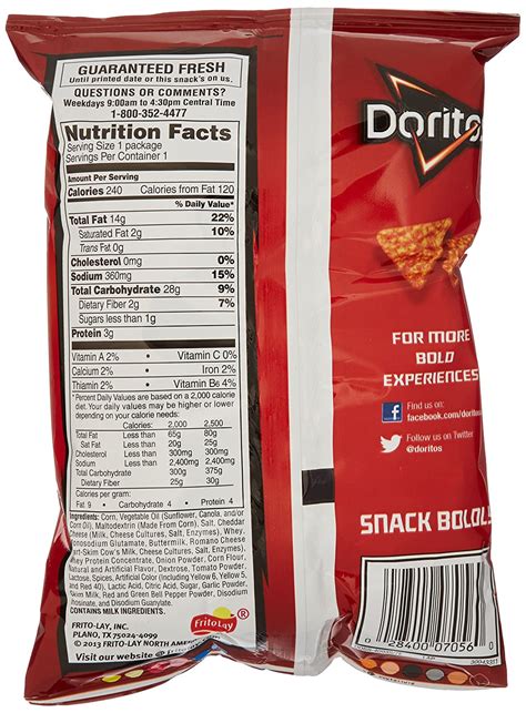 The % daily value (dv) tells you how much a nutrient in a serving of food contributes to a daily diet. Doritos Cool Ranch Snack Bag Nutrition Facts - Nutrition ...