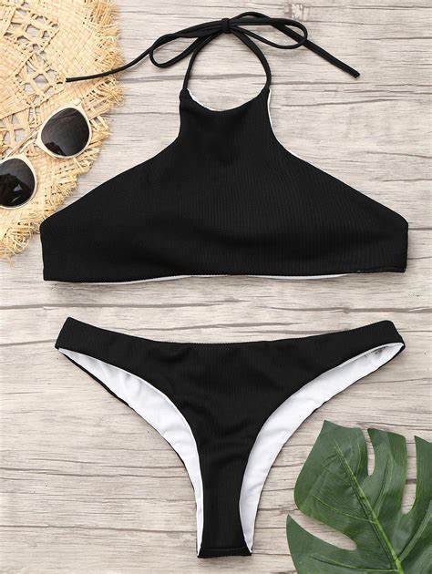 42 OFF Halter Ribbed High Neck Bikini Set Rosegal