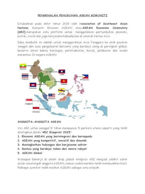Masyarakat ekonomi asean (mea) atau asean economic community (aec) merupakan sebuah sistem yang menuju sebuah kesepakatan dalam mengintegrasikan ekonomi antar negara asean. Pengenalan Penubuhan Asean Komuniti