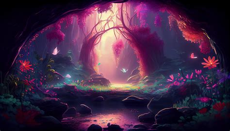 Magic Forest Beauty Nature Flowers Plants Trees Neon Lights Colorful