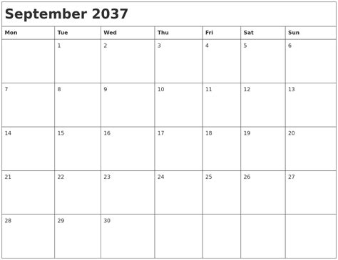 September 2037 Month Calendar