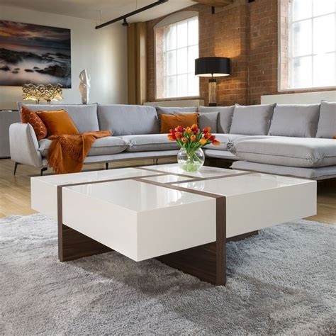 Huge Modern Square 1000mm Coffee Table White High Gloss And Walnut Legs