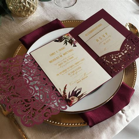 Laser Cut Pocket Wedding Invitation Kit Burgundy Wedding Etsy