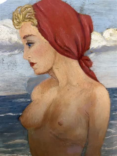 Original Vintage Oil Painting S Pin Up Nude Naked Girl On Beach My