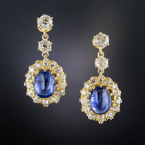Victorian Style Cabochon Sapphire And Diamond Drop Earrings