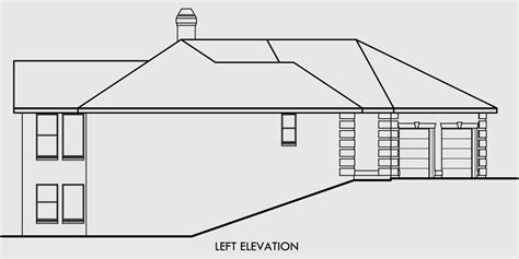 Custom ranch house plan with daylight basement featuring high vaulted ceilings in entry and living room, coffered ceilings in dining and master bedroom. Ranch House Plans, Daylight Basement House Plans, Sloping Lot