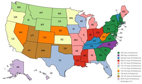 Map Of The Age Of Each State After Being Admitted Into The Union As Of