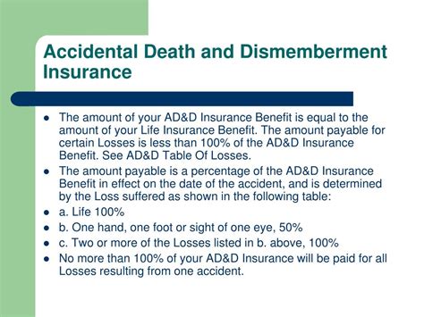 Lets take a look at accidental death and dismemberment insurance. PPT - Standard Life Insurance and Accidental Death and Dismemberment Benefits PowerPoint ...