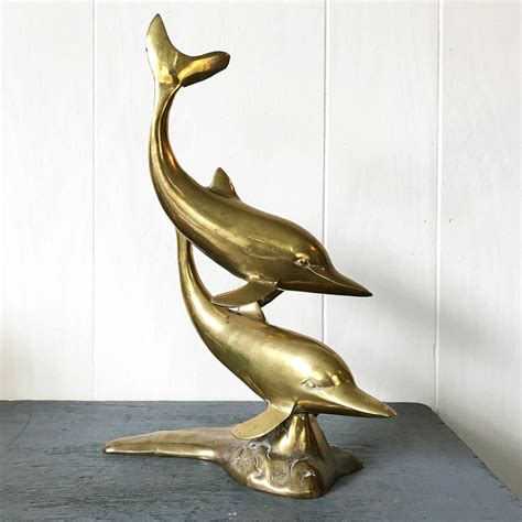 Vintage Dolphin Sculpture Brass Statue Gold Metal Figurine