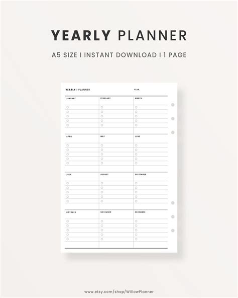 Yearly Checklist Printable A5 Insert 1 Page L Yearly Planner Etsy In