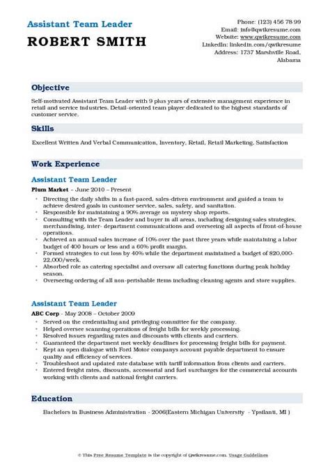 Looking for team leader resume samples? Assistant Team Leader Resume Samples | QwikResume