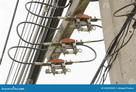 Electric Fuses And Cables On The Arm Of Pole Stock Image Image Of