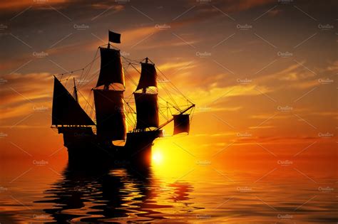 Old Pirate Ship On The Calm Ocean ~ Transportation Photos ~ Creative Market