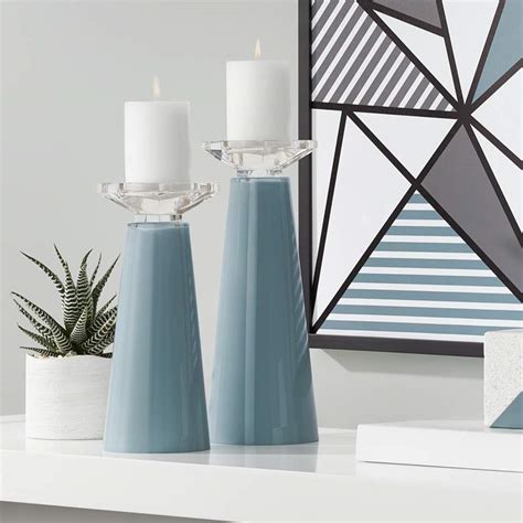 Clear glass pillar candle holders modern simple lines 7.5 inches set of 3. Meghan Smoky Blue Glass Pillar Candle Holders Set of 2 ...