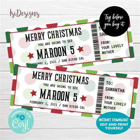 Christmas T Concert Ticket Editable Surprise Show Ticket Etsy