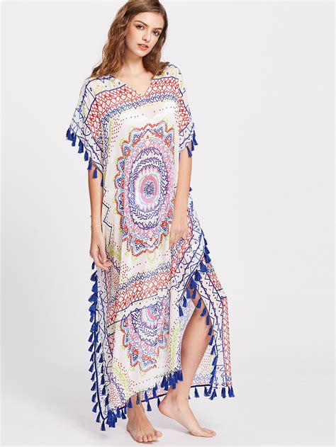 Who would of thought you could cover a big tribal with black and grey. Shop Tribal Print Tassel Trim Slit Side Cover Up online ...