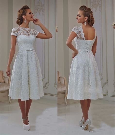 1490us Vintage Lace Tea Length Short Wedding Dresses With Cap