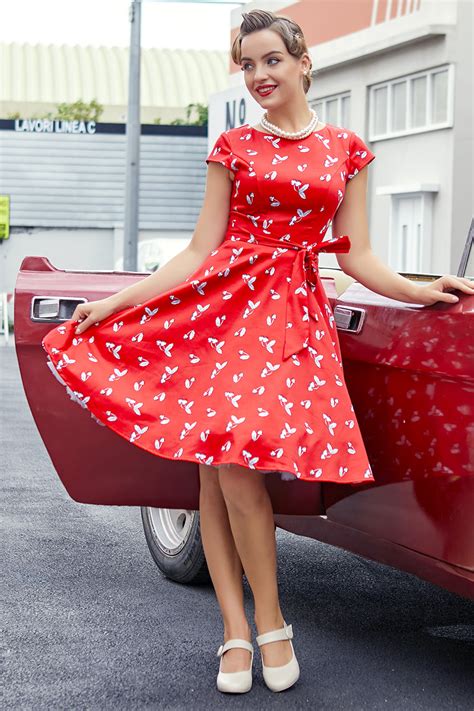 Zapaka Women Vintage A Line Red Cherry 1950s Swing Xmas Party Dress Zapaka