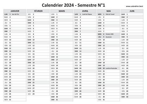 Calendrier Semestriel 2024 à Imprimer Pour Le 1er Et Le 2ème Semestre 2024
