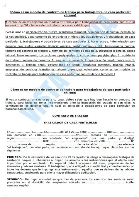 Modelo De Contrato De Trabajo Para Trabajadora De Casa Particular Chilena