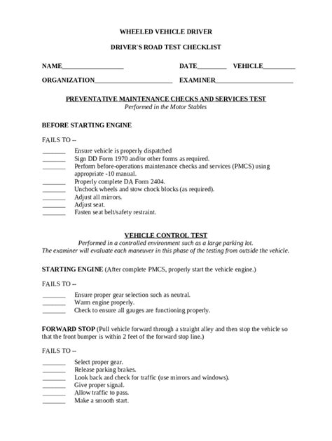 Drivers Road Test Checklist Doc Template Pdffiller