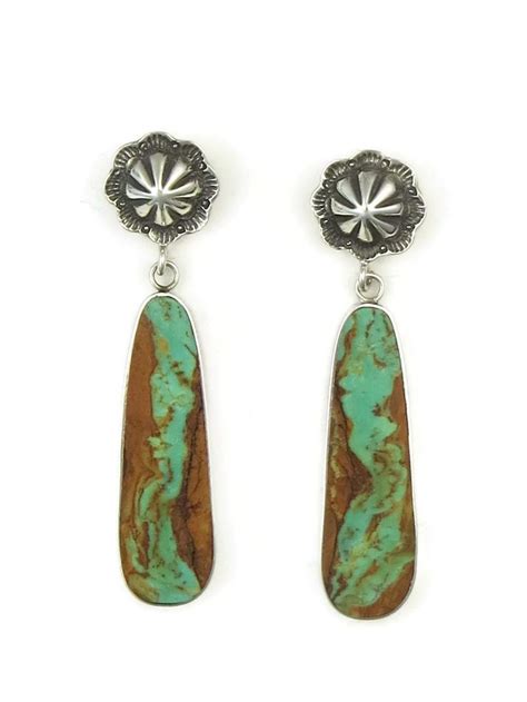 Sterling Silver Concho Post Turquoise Slab Earrings By Ronald Chavez