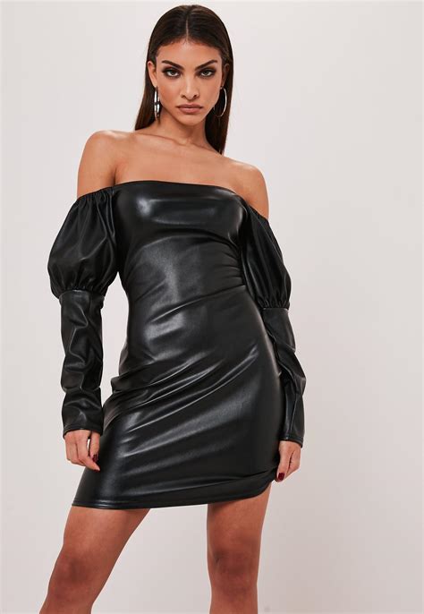 Black Faux Leather Bardot Mini Dress Missguided