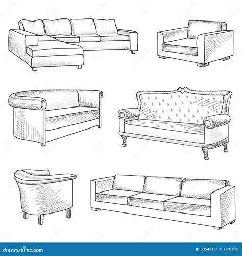 Furniture Set Interior Detail Outline Sketch Collection Bed S Stock