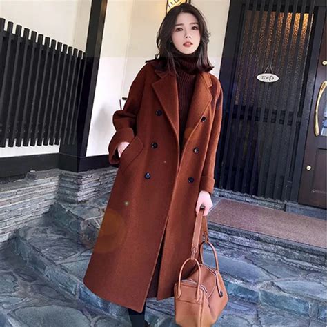 2018 Winter Coat Womens Long Thick Wool Trench Coats With Belt Loose