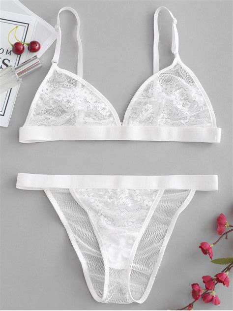 15 Off 2021 Sheer Lace Mesh Bra And Panty Lingerie Set In White Zaful
