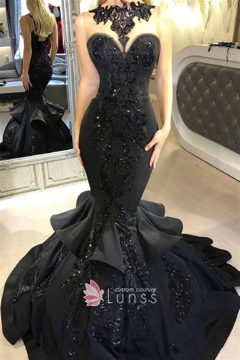 Beading Lace Appliqued Black Trumpet Unique Prom Dress Lunss