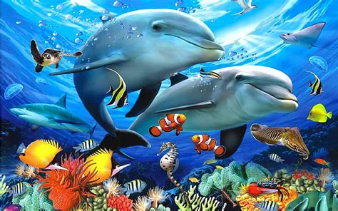 Océano Olas Del Mar Animales Bajo El Agua Delfines Exóticos Coloridos