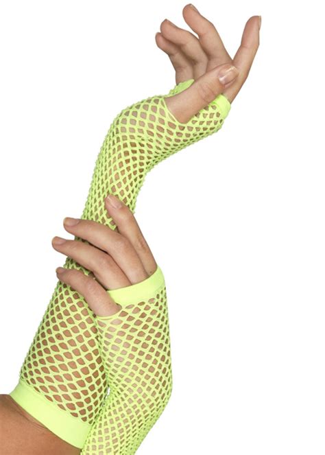 Womens 80s Neon Green Fingerless Fishnet Gloves