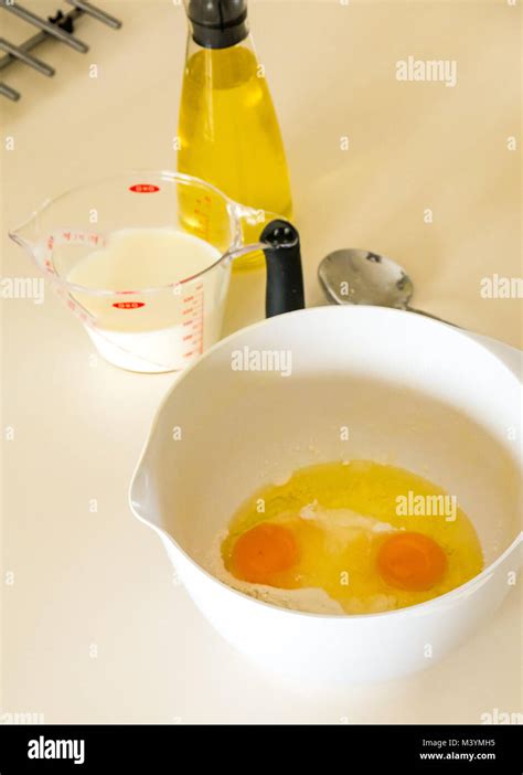 Preparation Of Pancake Batter For Shrove Tuesday With Flour Milk Eggs