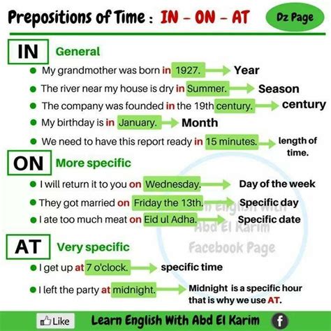 A Green And White Poster With Words On It That Read Prepositions Of Time
