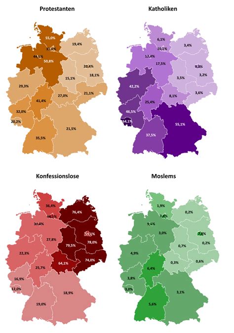 Deutschland oder offiziell die bundesrepublik deutschland ist der einwohnerreichste staat in mitteleuropa, mitgliedsstaat der europäischen union und vertragsstaat des schengener abkommens. Maps of the various religious in Germany [957 × 1361 ...