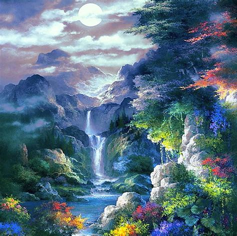 Moonlight Shadow Colorful Shadow Bonito Moon Water Waterfall