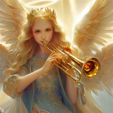 An Angel Holding A Trumpet In Her Right Hand And Wearing A Crown On Top
