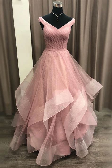 Pink Tulle Off Shoulder Long Prom Dress Pink Evening Dress Pink