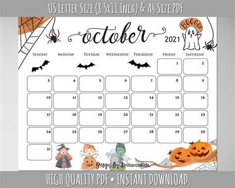 October Month Calendar 2021 Halloween Planner Printable Etsy
