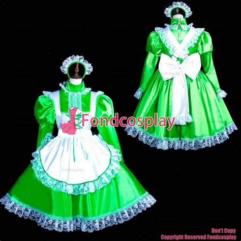 fondcosplay adult sexy cross dressing sissy maid short lockable green satin dress white apron