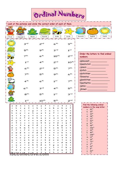 esl ordinal numbers worksheet