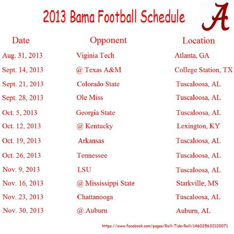 2013 Alabama Football Schedule - can't believe our by week is 2nd week