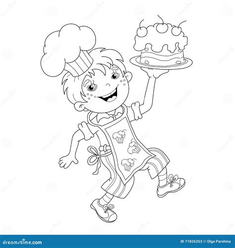 Coloring Page Outline Of Cartoon Boy Chef With Cake Stock Vector