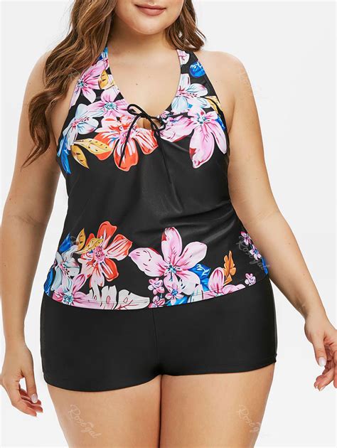 Plus Size Halter Open Back Floral Print Tankini Swimwear [34 Off] Rosegal
