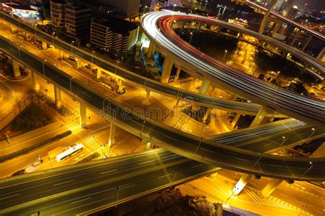 Aerial Photography At Shanghai Viaduct Overpass Bridge Of Night Stock