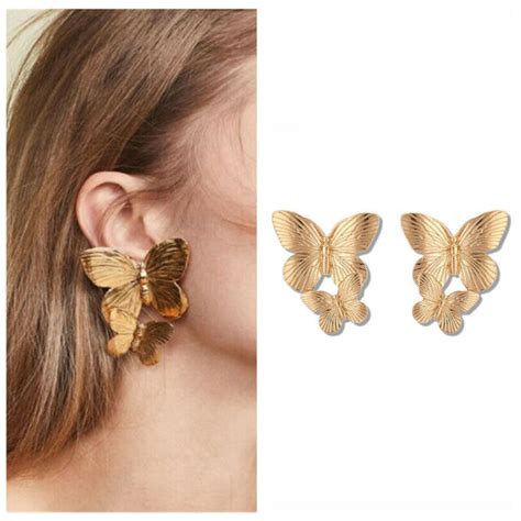 Women Gold Big Double Butterfly Earrings Fashion Dangle Wedding Jewelry