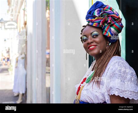 Happy Brazilian Woman Of African Descent Dressed In Traditional Baiana