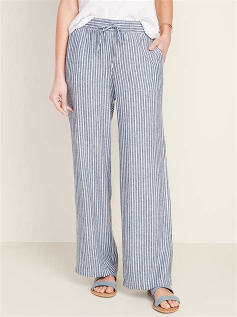 Old Navy Mid Rise Wide Leg Linen Blend Pull On Pants In Blue Stripe Most Comfortable Pants